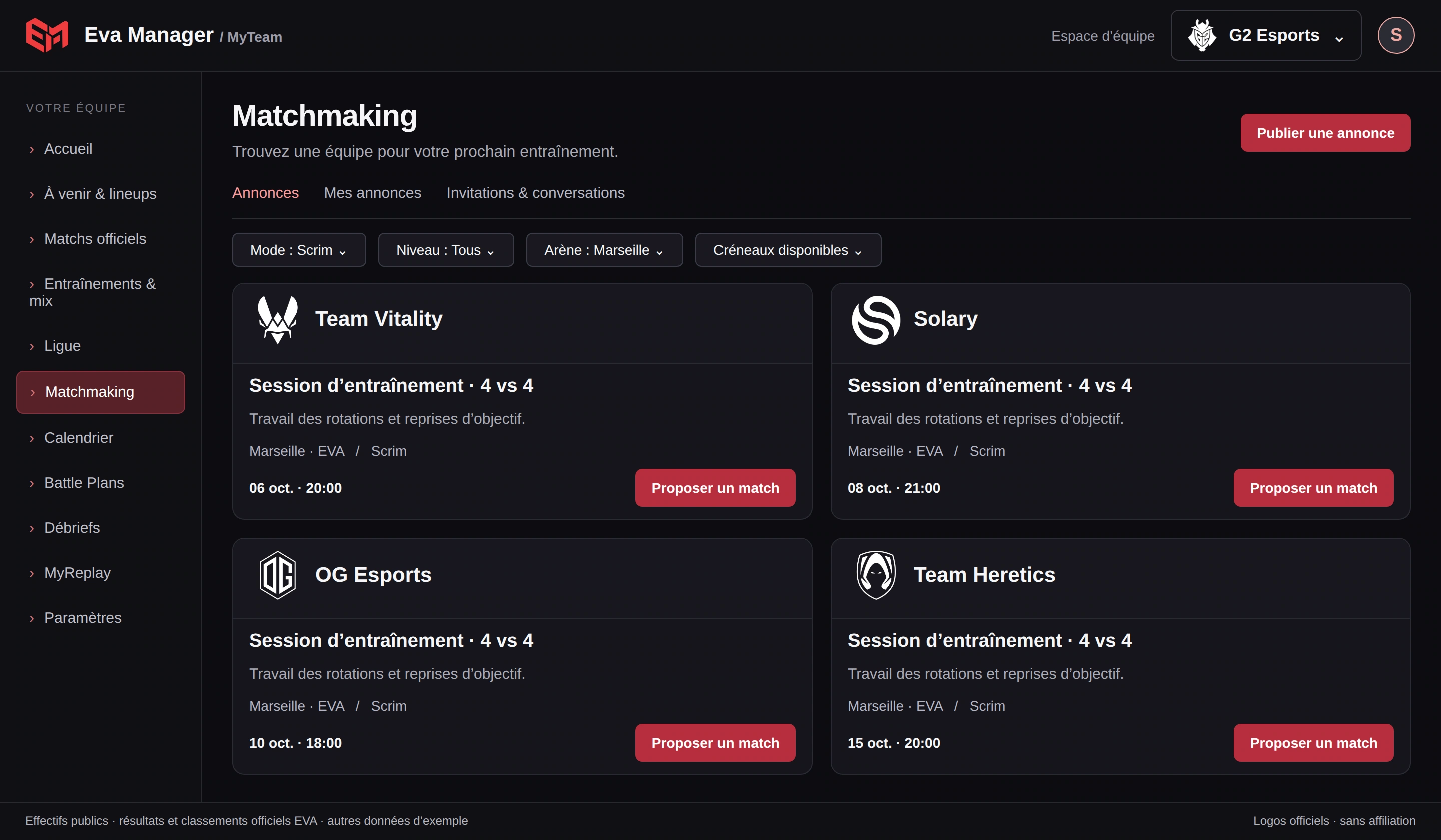 Matchmaking — Vue de démonstration · annonces et créneaux recomposés, logos réels.