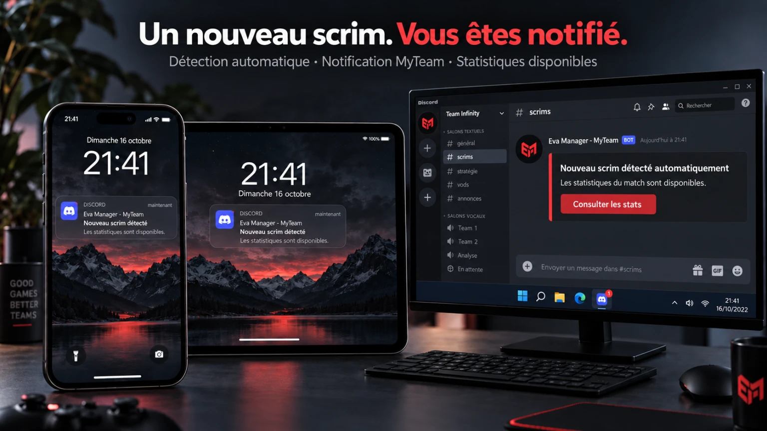 Discord — Illustration promotionnelle fournie · pas une capture réelle ni un message reçu.